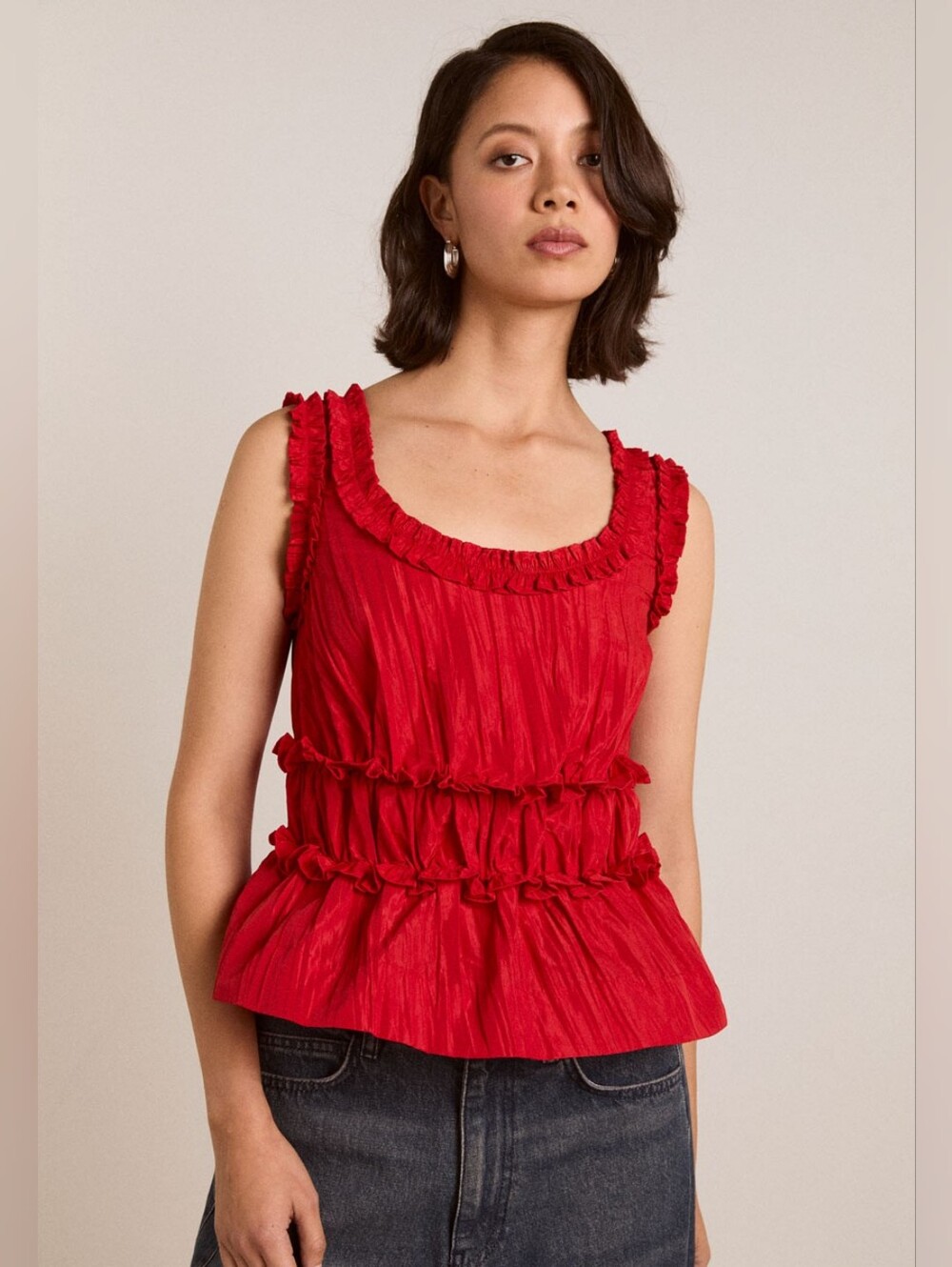 Damson Madder Everly Ruffle Blouse Red Tafetta EU Size 16/ US Size 12